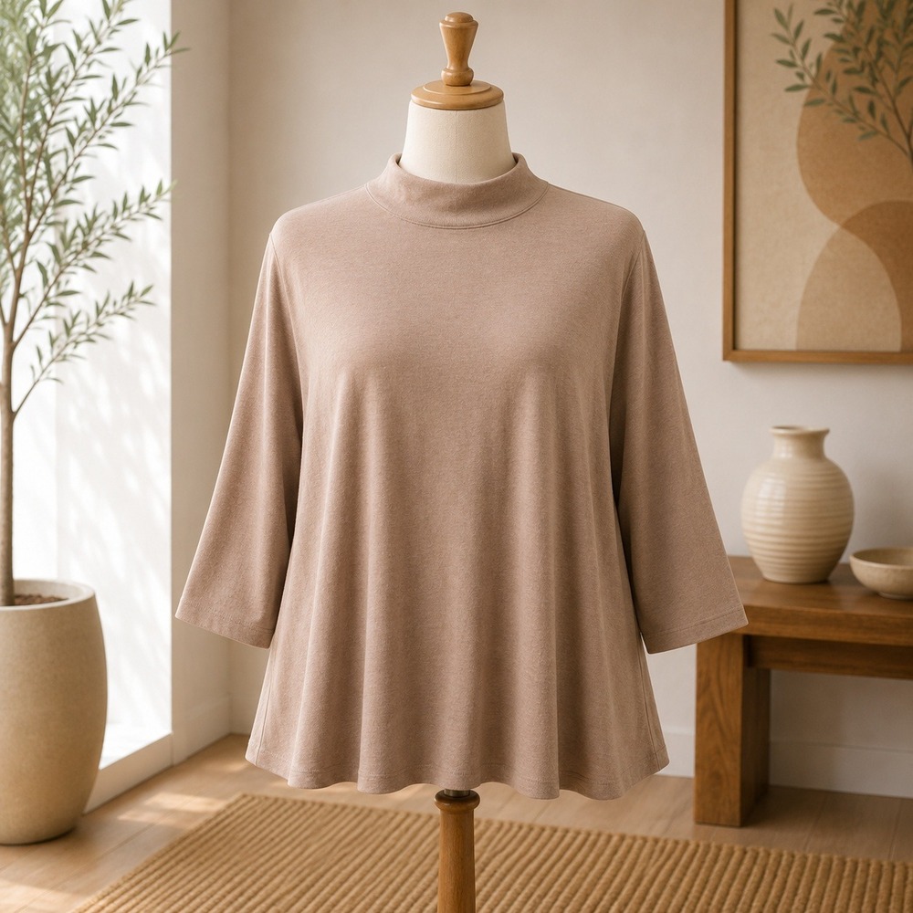 NEW Susan Graver Mock Neck Top Womens 2X Brown Tan Ribbed Long Sleeve Flared Hem